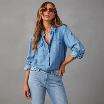 Long Sleeve Western Denim Shirt Women'S Casual Solid Color Turn Down Collar Shirts 4