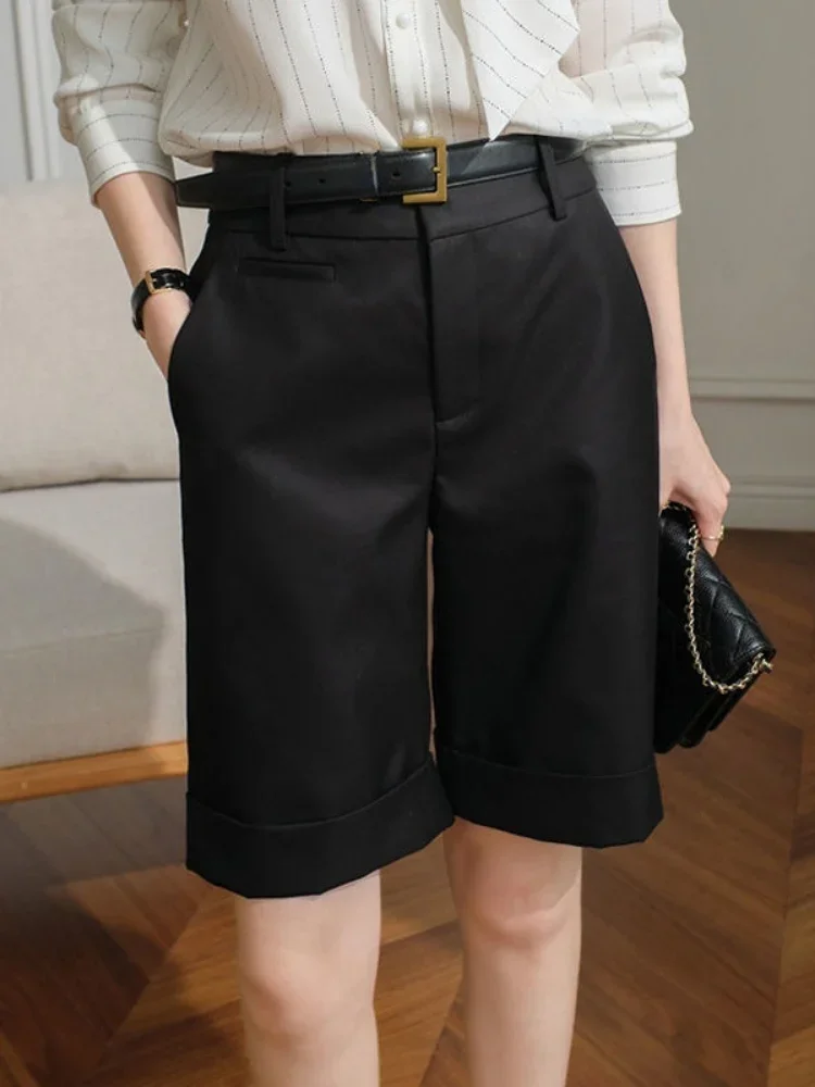 Shorts for Women High Waist Knee Length Straight Pants with Belt Summer Shorts for Women White Office Fashion Women's Shorts