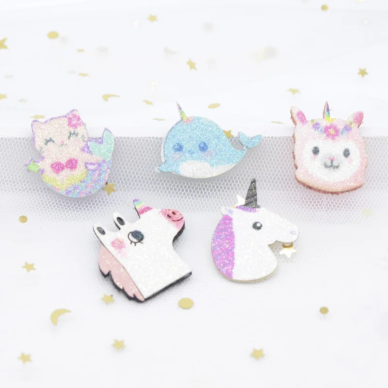 10 Stück Glitzer-Druck-Stoffapplikationen Narwal Katze & Meerjungfrau Schaf Einhorn Pferd Patches für DIY Handwerk Haarspangen Schleife Dekor