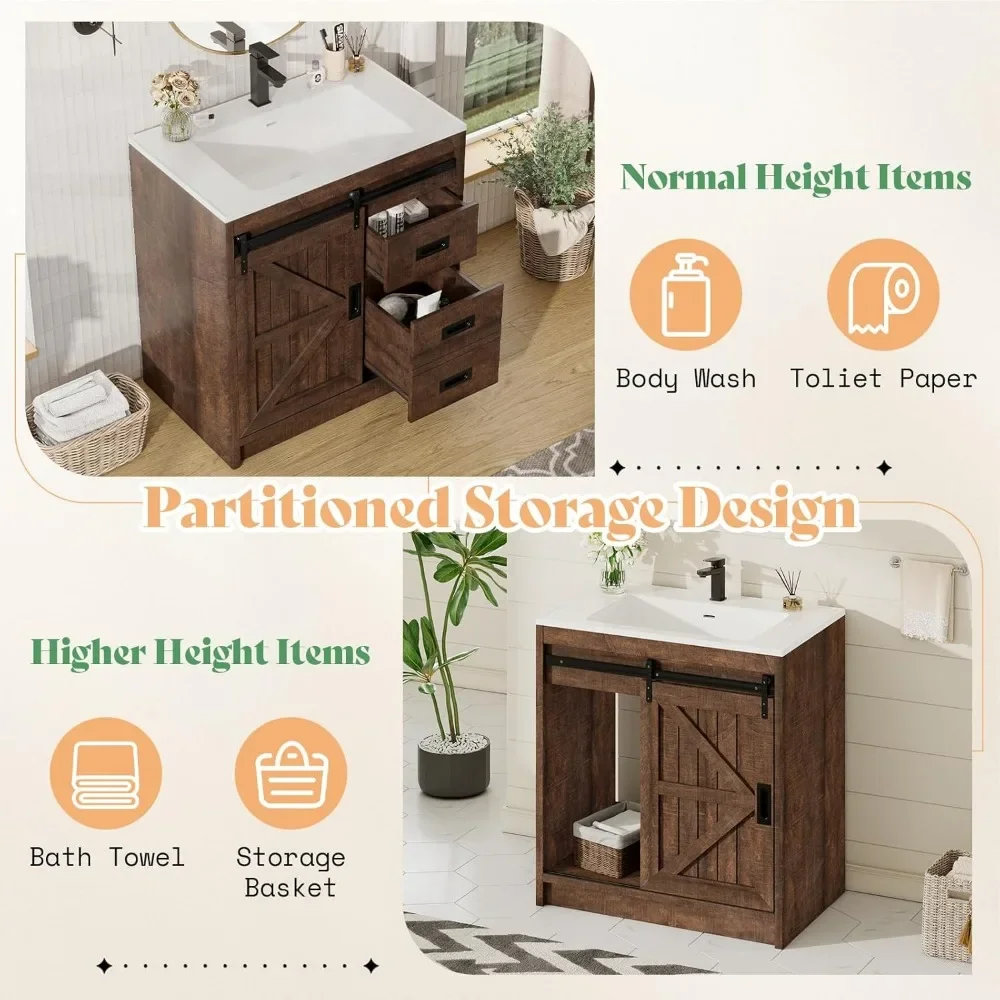 Farmhouse Bathroom Vanity with Sink Combo,Sliding Barn Door Bathroom Vanity Cabinet Set with Storage Drawers, Metal Handles 4