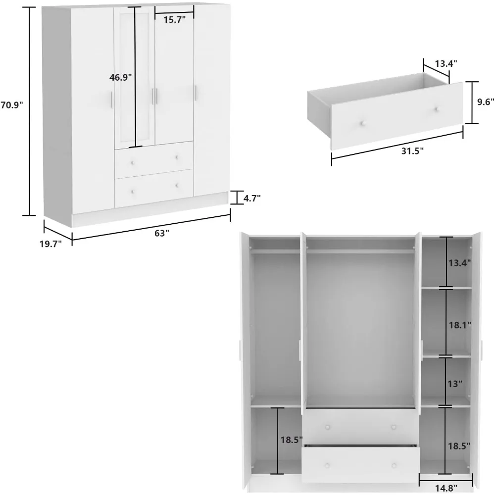 Wooden wardrobe armoire with mirror, 5-tier shelves, 2 drawers, 2 hanging rods, 4 doors.  63"W x 19.7"D x 70.9"H. 2