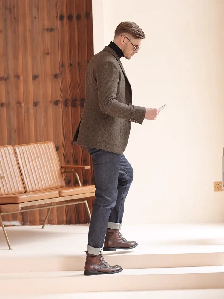 Herbst und Winter verdickter Retro-Anzug aus grober Wolle, Business-Casual, britischer Stil, Anzugjacke mit Fischgrätenmuster für Herren – Detail 6