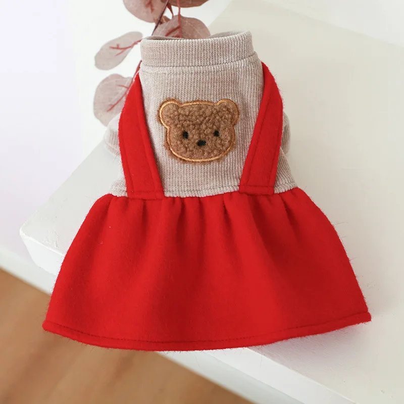 Pet Skirt Autumn Winter Cute Bear Pattern Christmas Coat Red Dress