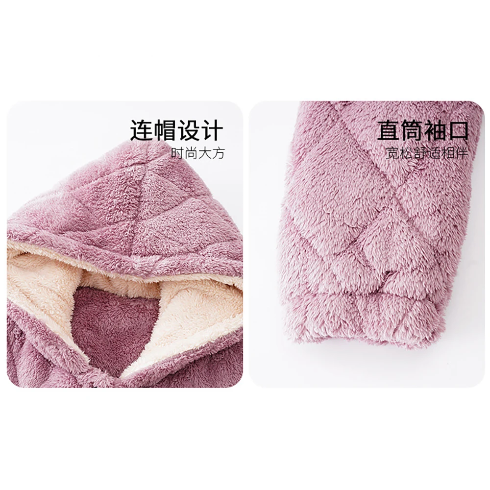 3-Layer Super Thicken Coral Fleece Warm Plush Robe Set Couple Winter Hooded Sleepwear Sweet Style Bathrobe Men Night Dress Women