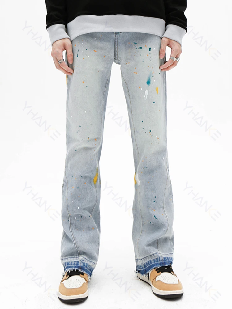 European and American VIBE wind splash ink graffiti hip -hop rap street style retro Y2K trousers loose micro -flared pants JEANS