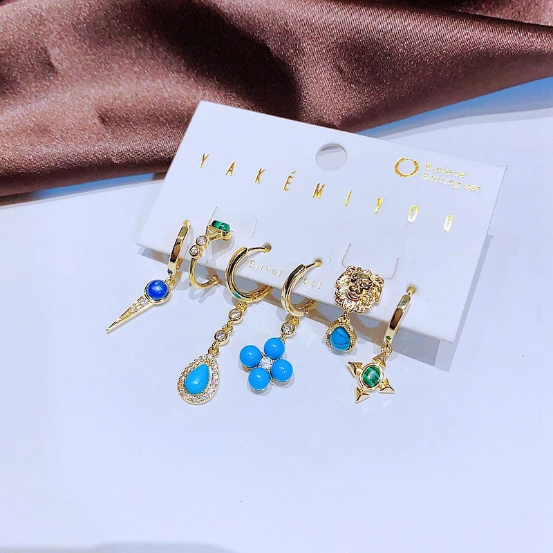 Yakemiyou 6pcs Turquoise Water Drop Star Dangle Earrings Set with Ear Cuff Gold Color Women Jewelry 5