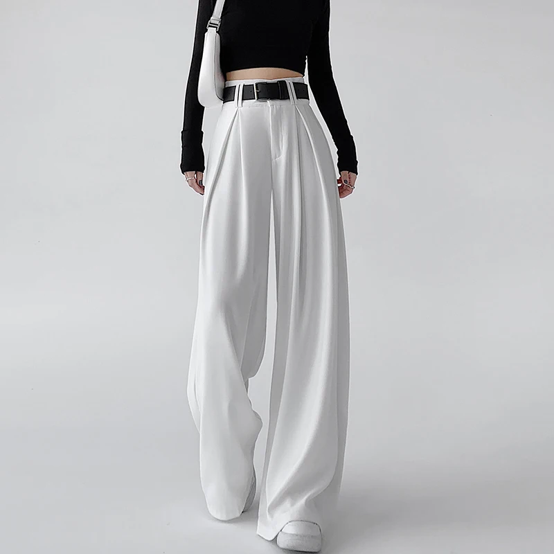 

Women's Streetwear Wide Leg Pleated Suit Pants Lady Spring Summer High Waist Solid Color Full Length Pants