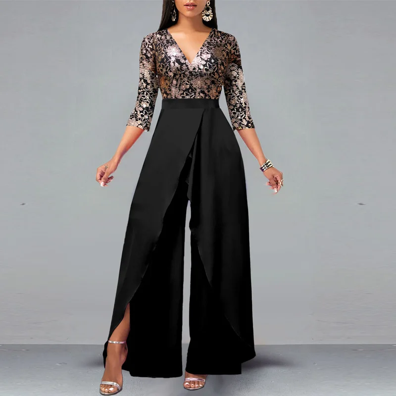 Female V Neck Long Sleeve Wide Leg Pants Jumpsuit Elegant Patchwork High Waist Long Romper Fashion Office Split Overall Bodysuit office junpsuits women 2023 autumn clothes long sleeve v neck straight white jumpsuit fashion casual overall for women new pants