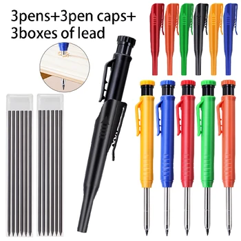 9pcs/set 2.8mm Deep Hole Carpenter Pencil Set - 3 Pens + 3 Lead Refills + 3 Caps. Versatile for Writing, Woodworking & Marking.
