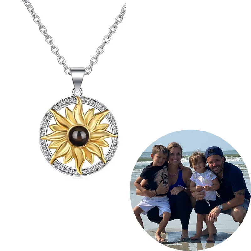 

Sun Flower Custom Projection Necklace Color Photo DIY Text Necklace For Girlfriend 2022 Fashion 100 Languages I Love You Jewelry