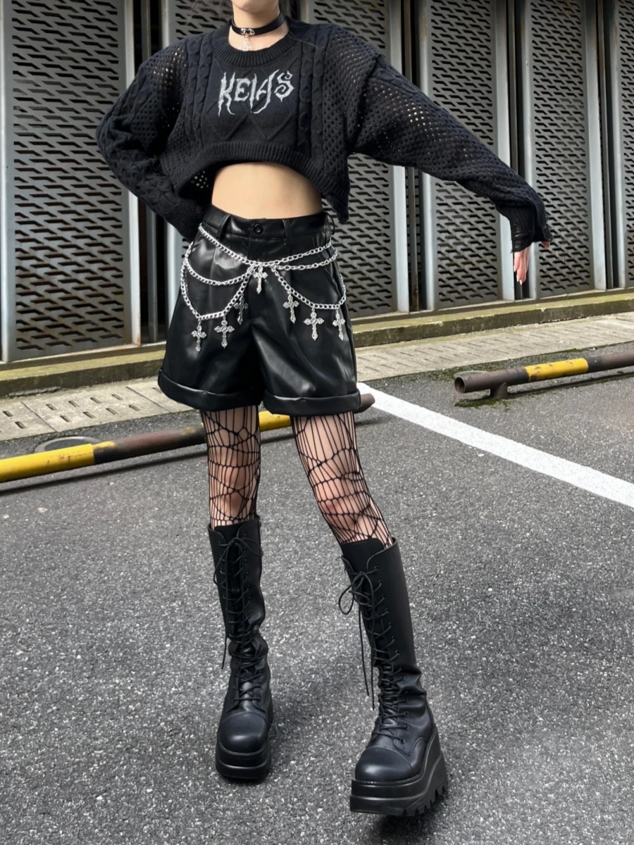 Straight Shorts Pants Fashion Women's Shorts Summer Autumn Punk Subculture PU Leather Shorts Pocket High Waist Shorts for Lady