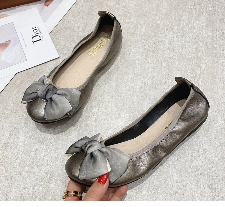 Womens Foldable Soft Round Toe Ballet Flats Butterfly Knot Sweet Comfortable Slip on Flat Ballerinas Shoes Woman PU Leather