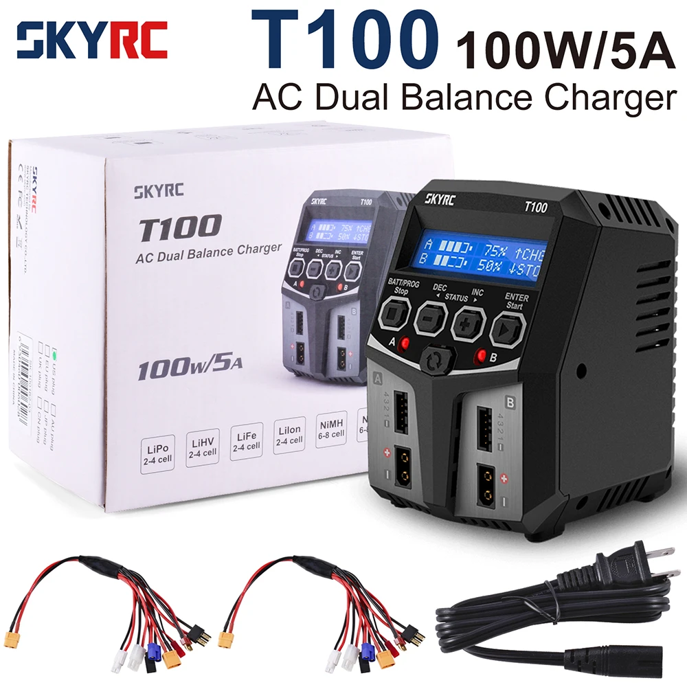 

SKYRC T100 AC Lipo Battery Balance Charger Dual 5A 2X50W for 2-4S NiMH / NiCd / LiPo / LiFe / Lilon / LiHV RC Car Charger