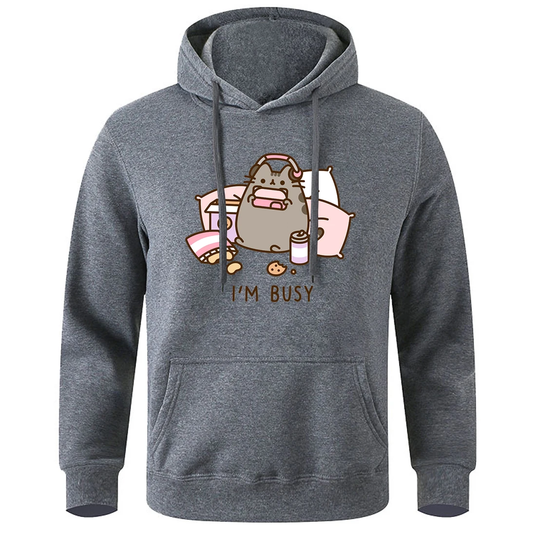 

Sorry I'M Busy Cat Playing Games With Headphones Men Hooded Simple Warm Pullover Street Oversize Hoodycreativity Loose Clothes