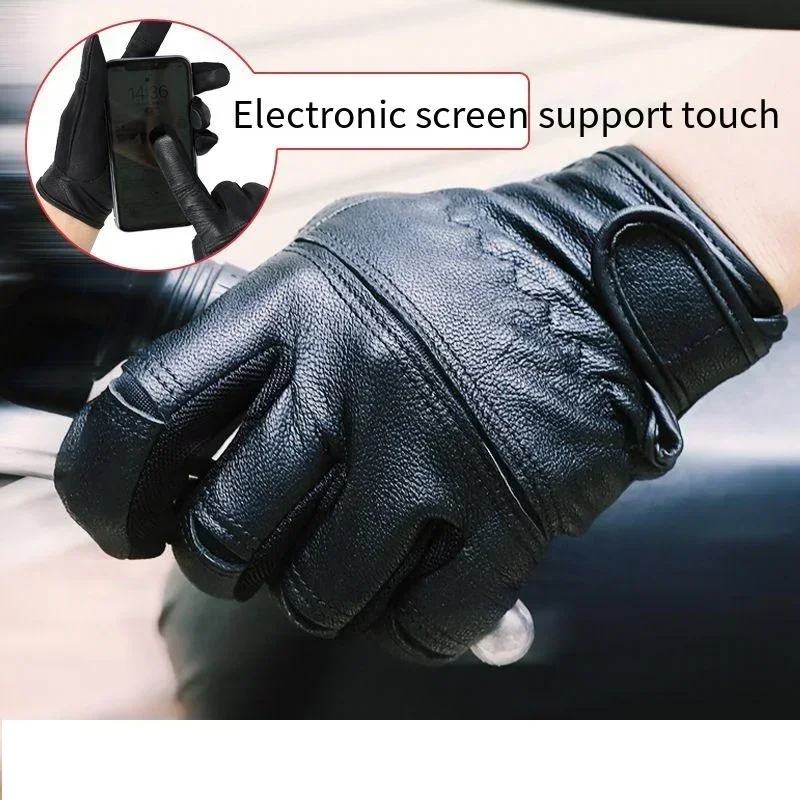 Sheepskin Driving Gloves Leather Men's Motorcycle Glove Warm Touch Screen Leather Protection Wear Resistance Cycling Protection Cycling Gloves Warm Gloves Leather Gloves