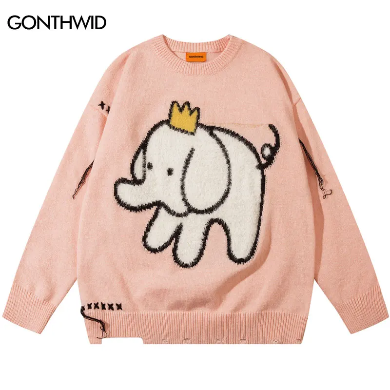 

Harajuku Elephant Ripped Sweater Y2K Knitted Funny Kawaii Cartoon Fluffy Fuzzy Jumper Streetwear 2023 Hip Hop Fashion Pullover