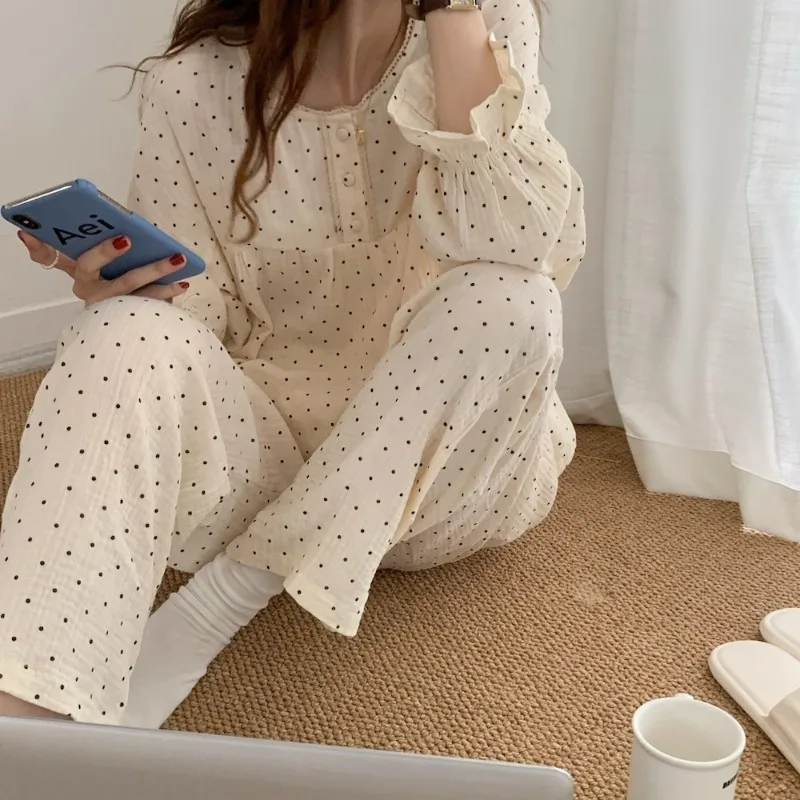 Women Cute Long-Sleeved Trousers Curry Polka Dot Printed Nightwear Homewear Spring and Fall Ladies Casual Sleepwear Loungewear 2