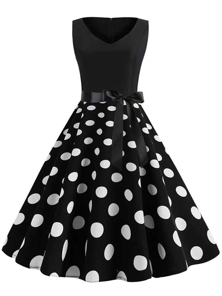 Black Polka Dot Summer Dress Women Floral Vintage Pin up Vestidos Robe