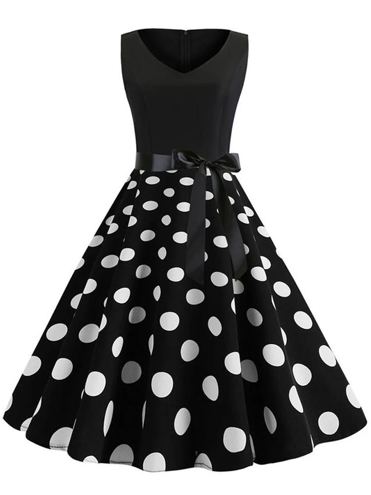 Black Polka Dot Summer Dress Women Floral Vintage Pin up Vestidos Robe  Femme Casual A line Sleeveless V Neck Sexy Party Dress|Dresses| - AliExpress