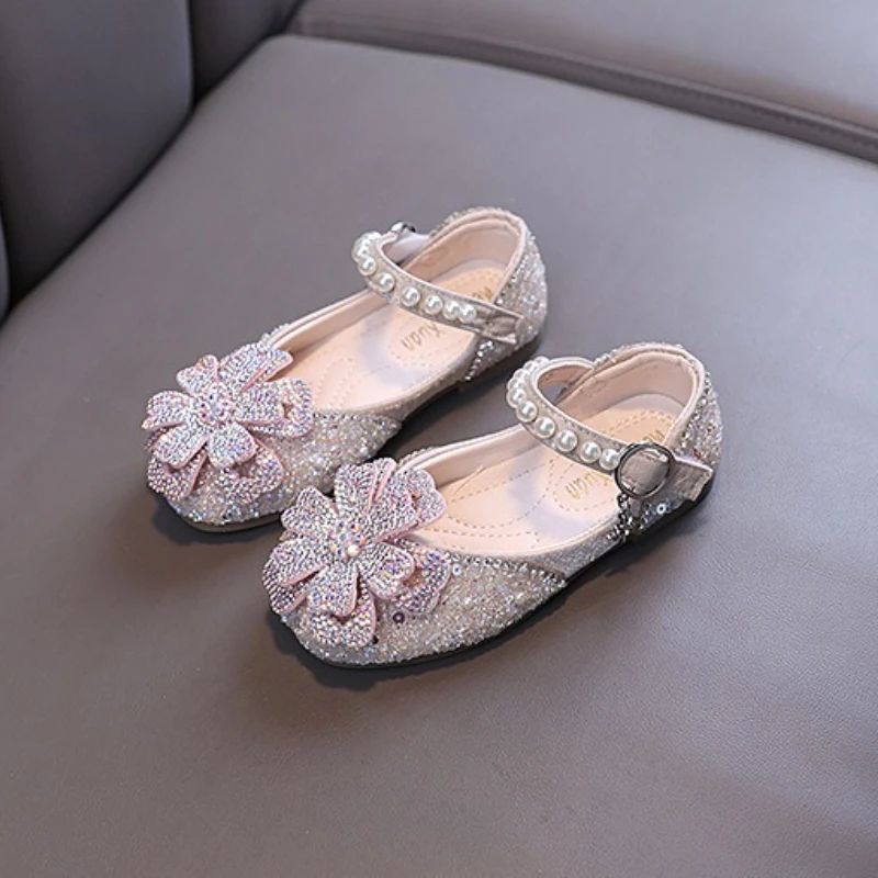 Girls Leather Flat Shoes with Rhinestone for Autumn Party