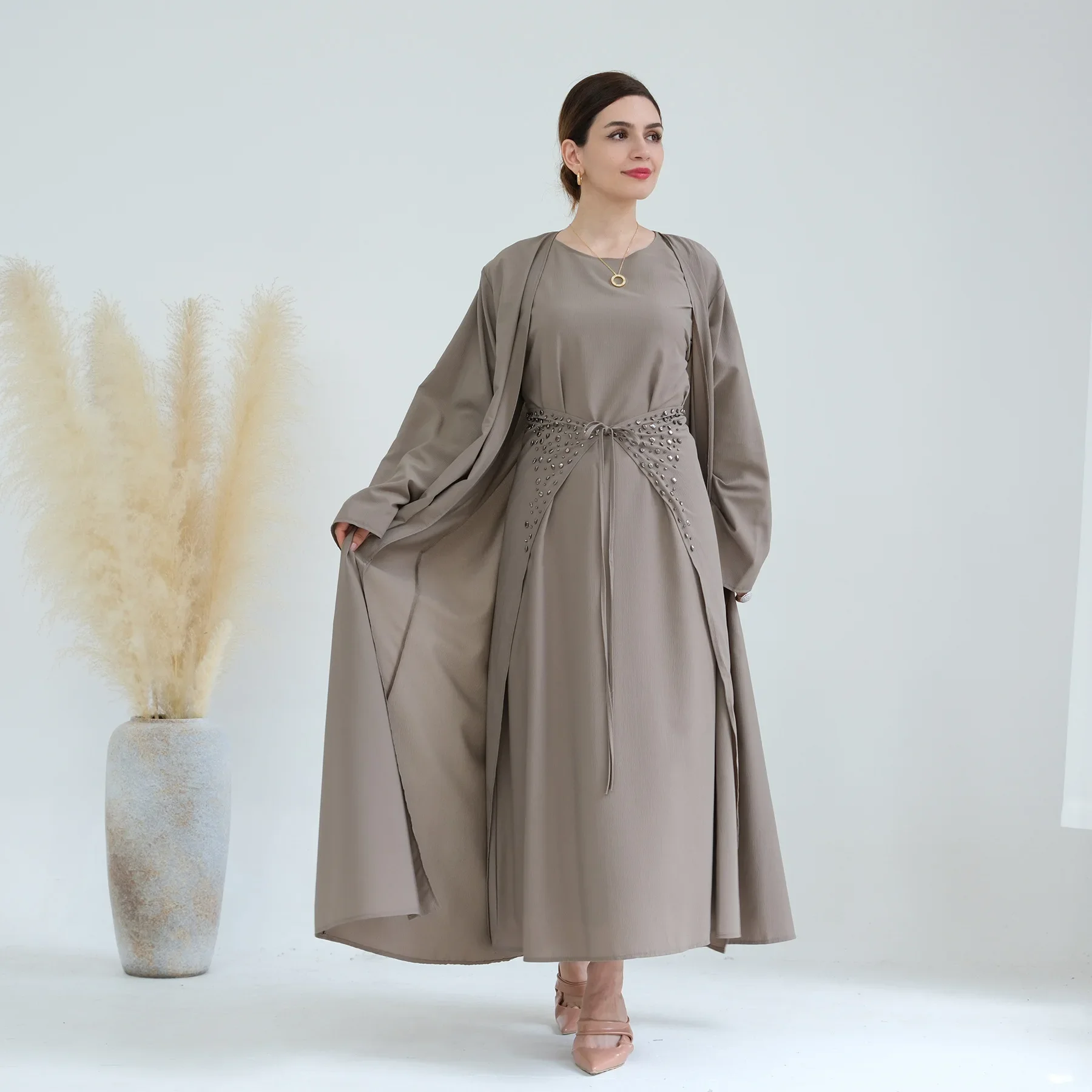 3 Piece Abaya Kimono Wrap Skirt Matching Outfit Muslim Sets Turkey Hijab Dress Pineapple Crepe Open Abayas for Women Dubai Islam