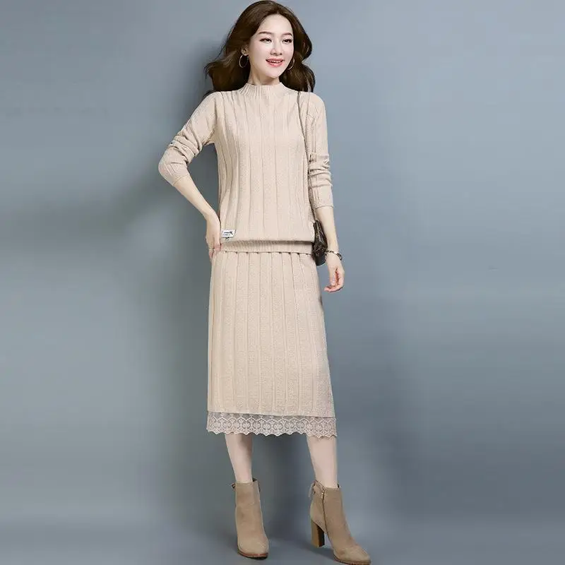 

2023 New Autumn Women Sweater 2 Pieces Sets Female Half High Collar Pullovers + Mid Length Knitted Skirts Ladies Suits U362