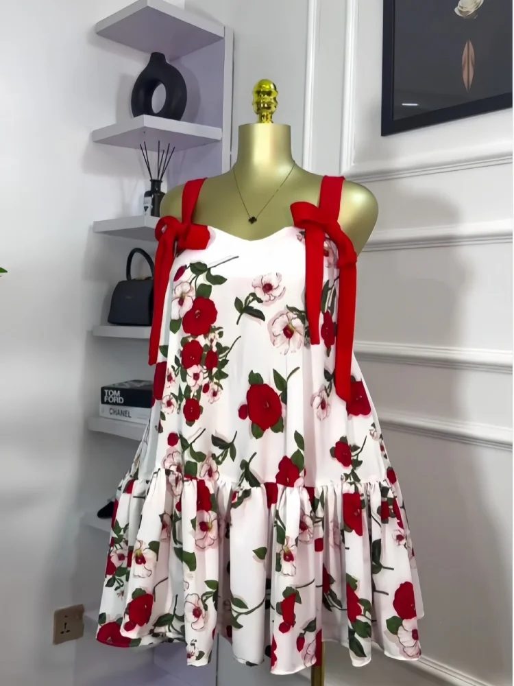 Wmstar Dresses Women Wholesale Floral Print Sleeveless Bow Bandage Mini Dress Stretch Sexy Streetwear Mini Dresses Dropshipping