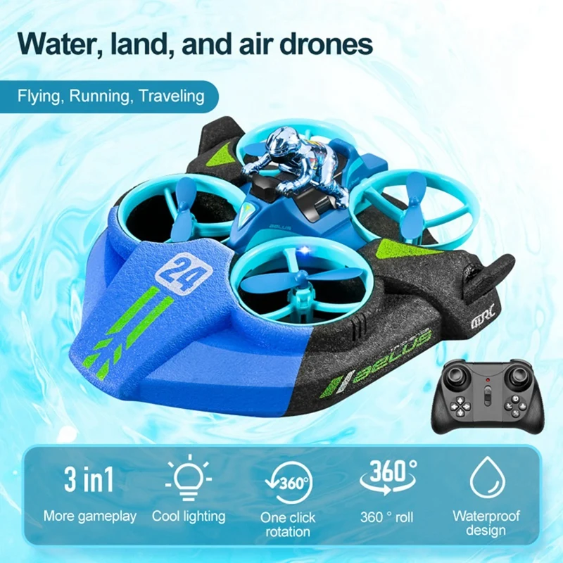 Détail des pièces détachables de l'Hélicoptère RC Mini Drone 3 en 1 Hovercraft Déformable - Bleu, illustrant sa capacité de transformation.