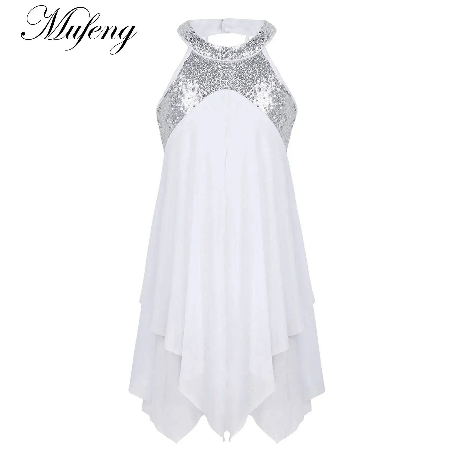 

Kids Girls Halter Sequins Criss Cross Back Leotard Dress Lyrical Modern Contemporary Ballroom Solo Dance Figure Skating Costume