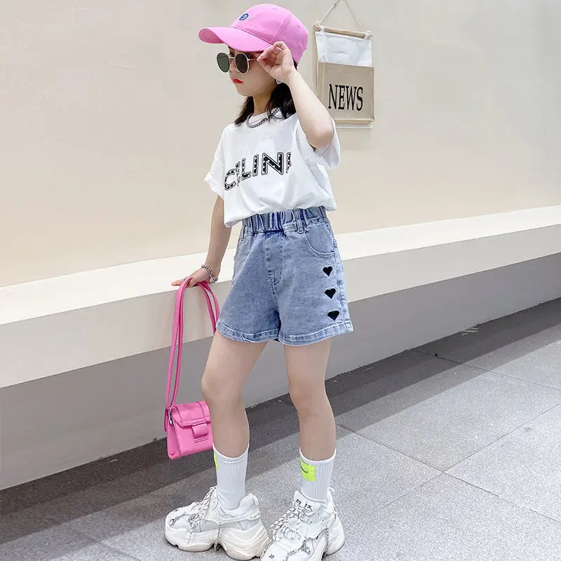 Summer Kids Clothes Girls High Waist Casual Denim Shorts Pocket Tassel Perforated Fashion Shorts Embroidery Beach Outdoor