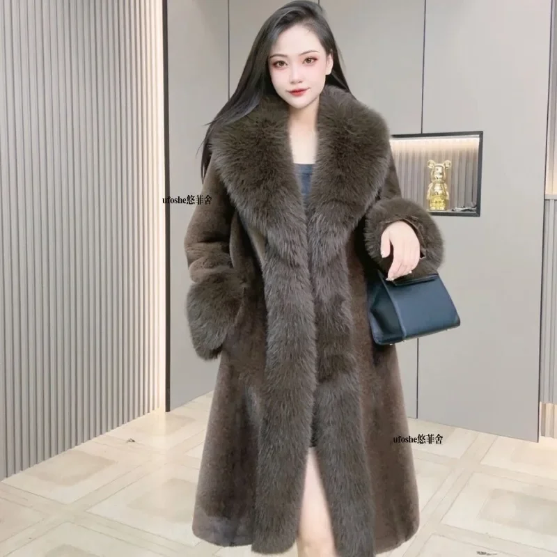 

MODX Women Eco-friendly Lamb Wool Coat Mink Velvet Mid-length Over-the-knee Stand-up Collar Plush Top Sweet and Gentle Style
