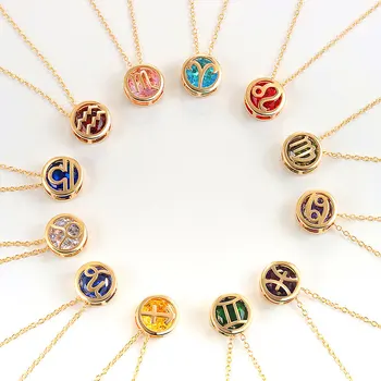 Retro Double-sided Hollowed 12 Constellation Pendant Necklaces for Women Crystal Rhinestones Month Birthstone Choker Zodiac Sign 1