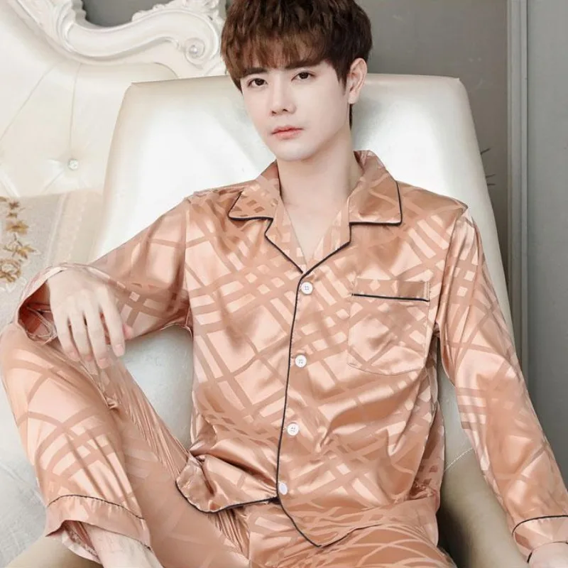

Young Men's Long Sleeve Pajamas Set Oversize Spring Autumn Thin Silk Home Service Two-piece Suit Casual Baggy Fashion Sleepwear