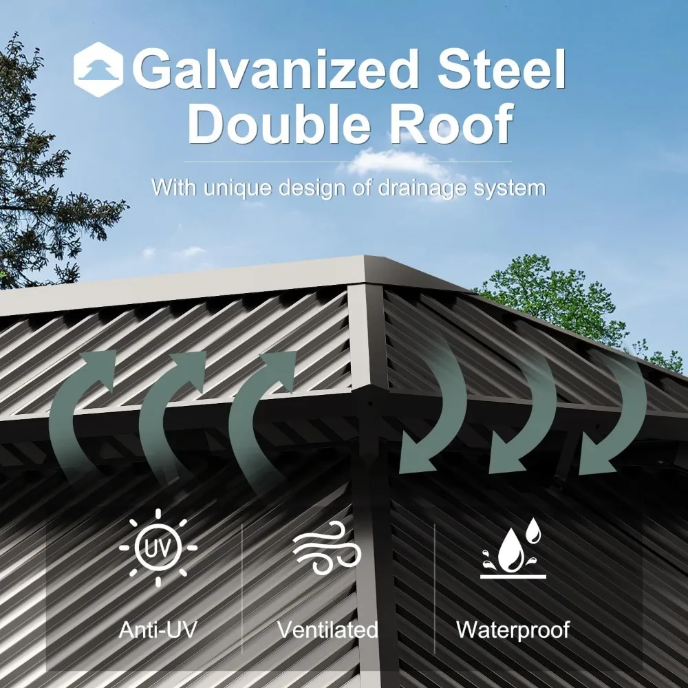 12'x20' Hardtop Metal Gazebo, Outdoor Galvanized Steel Double Roof Canopy, Aluminum Frame Permanent Pavilion 4
