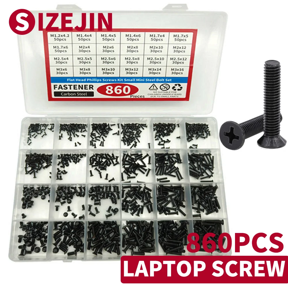 Escareado Cabeça Plana Phillips Parafusos Kit M1.2 1.4 1.7 2.5 Pequeno Parafuso de Aço Mini Computador Portátil Portátil Parafuso Conjunto 860 Peças