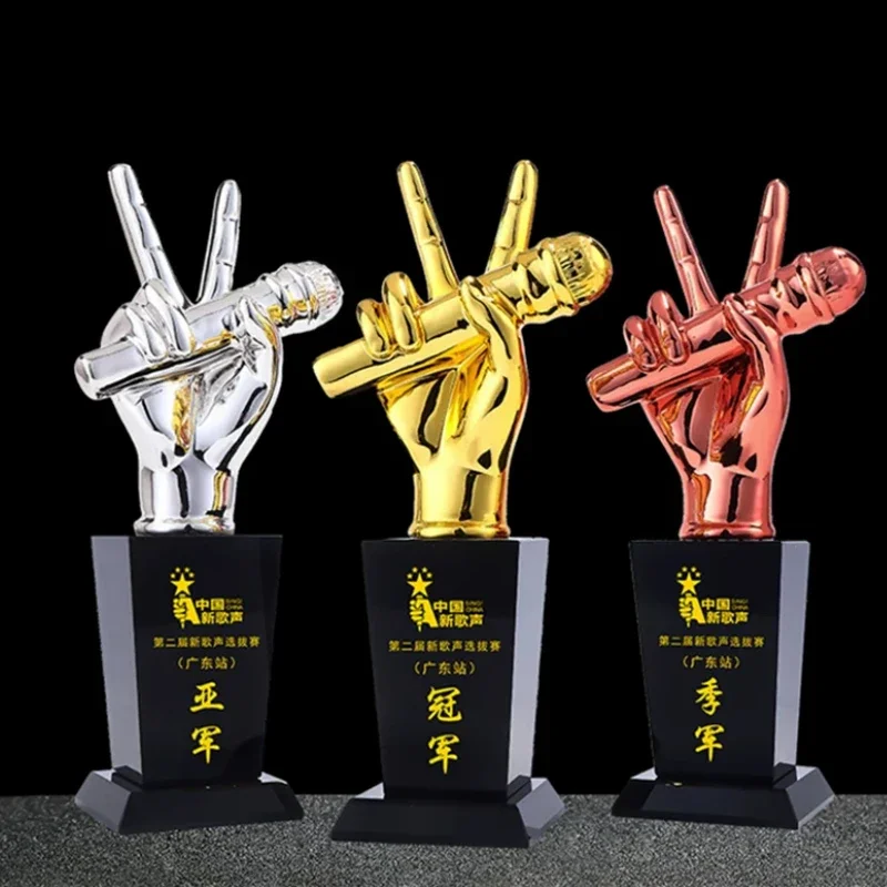 Customized Microphone Trophy, Good Voice Trophies, Music Award, Singing Competition Decor, Gold, silver, copper Crystal Base 1Pc