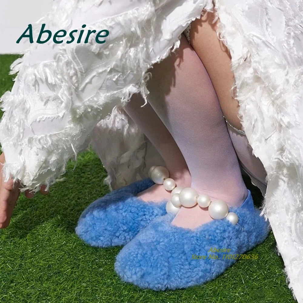 

Blue Plush Slippers Women's Minority Design Pearl Flat Casual Shoes Outside Round Toe Warm Slip On Cute Girls Solid Plus Size