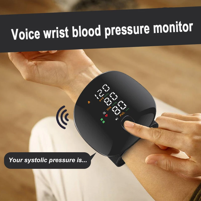 LED Rechargeable Wrist Blood Pressure Monitor English Voice Broadcast Tonometer BP Monitor