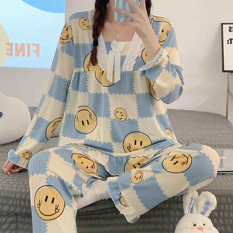 

4XL 5XL Pajamas For Women Long Sleeve Kawaii Sleepwear Summer Autumn 2 Piece Sailor Girls Harajuku Homewear Pijama Nightgown