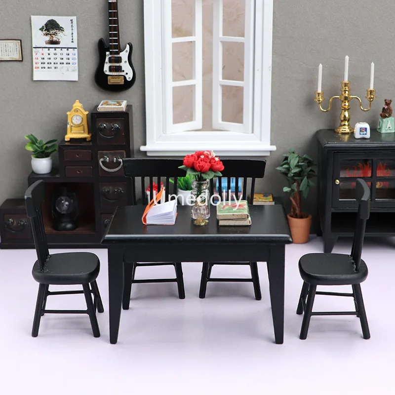 1/12 Miniature Dollhouse Black Dining Table and Chair Mini