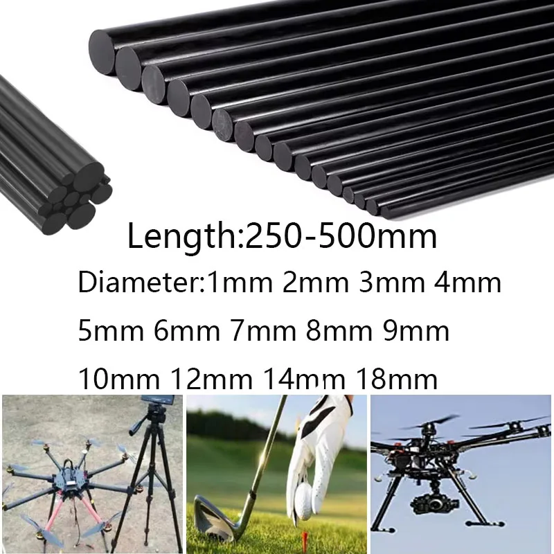 1-10pcs Carbon Fiber Round Solid Rod Dia 1mm-18mm Length 250-500mm For DIY