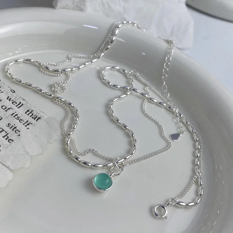 VENTFILLE  925 Sterling Silver Green Crystal Double Layer Necklace For Women Design Temperament Versatile Jewelry Gift Wholesale