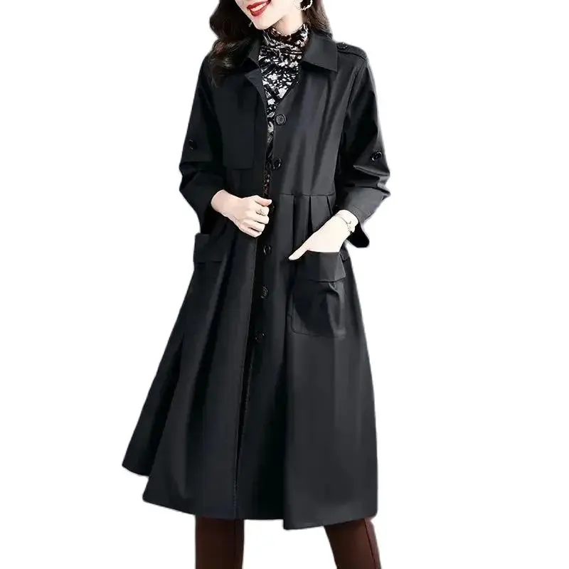 

Ветровка женская средней длины, свободный тренчкот с отложным воротником, модная верхняя одежда с карманами, однотонная, весна-осень 2023