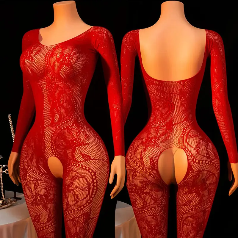 Sexy Temptation Red Women Open Bodysuit Sexy Lingerie Transparent Crotchless Bodystocking Hot Erotic Teddy Full Body Stocking