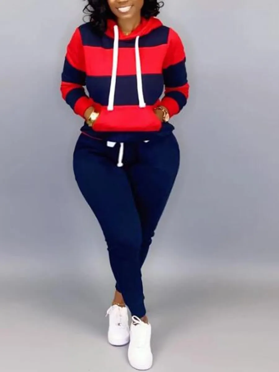 LW Plus Size Striped Drawstring Tracksuit Set Autumn Women Hoodie Pants Set  Striped Printed Hooded Long Sleeve Warm Sweatshirts - AliExpress