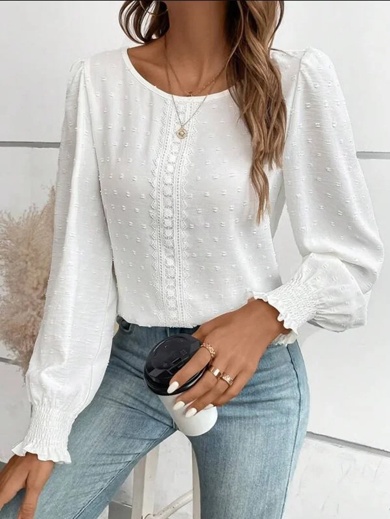 

Women Middle Lace Decoration Shirt Elegant Pleated Lantern Sleeve O Neck Pullover Blouse Spring Autumn Daily Casual Female Tops