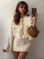 HH Female Summer Fashion Elegant Long Sleeve Lace Up Stitching Hollow Shirt+Temperament High Waist Mini A-line Skirt Suit - Image 3