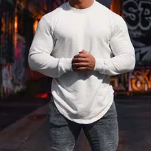 

2022 New Men's Casual Long Sleeve T-shirt Crew Neck Pure Cotton Gym Fitness Bodybuilding Loose Black Solid Color Top Tees