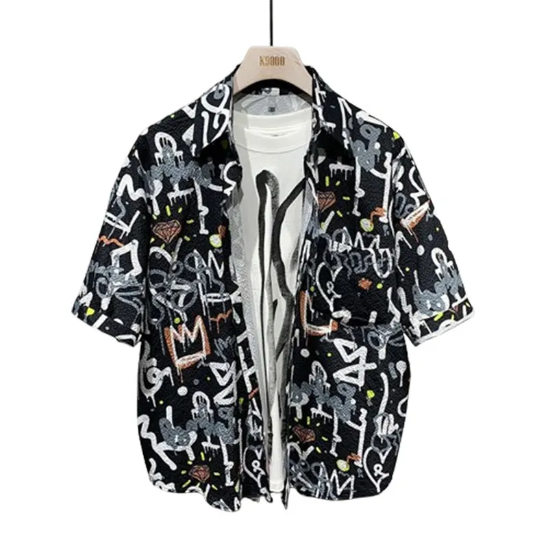 Elegant Fashion Harajuku Slim Fit Ropa Hombre Loose Casual Sport All Match Tops Square Neck Printed Button Short Sleeve Blusa