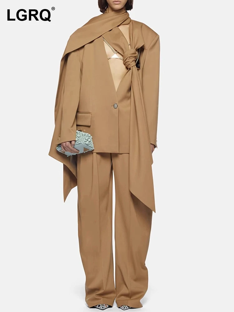 

LGRQ Fashion Women Blazer Scarf Collar Hollow Out Corridor Shape Single Button Solid Color Suit Jackets Spring 2024 New 7AB1300